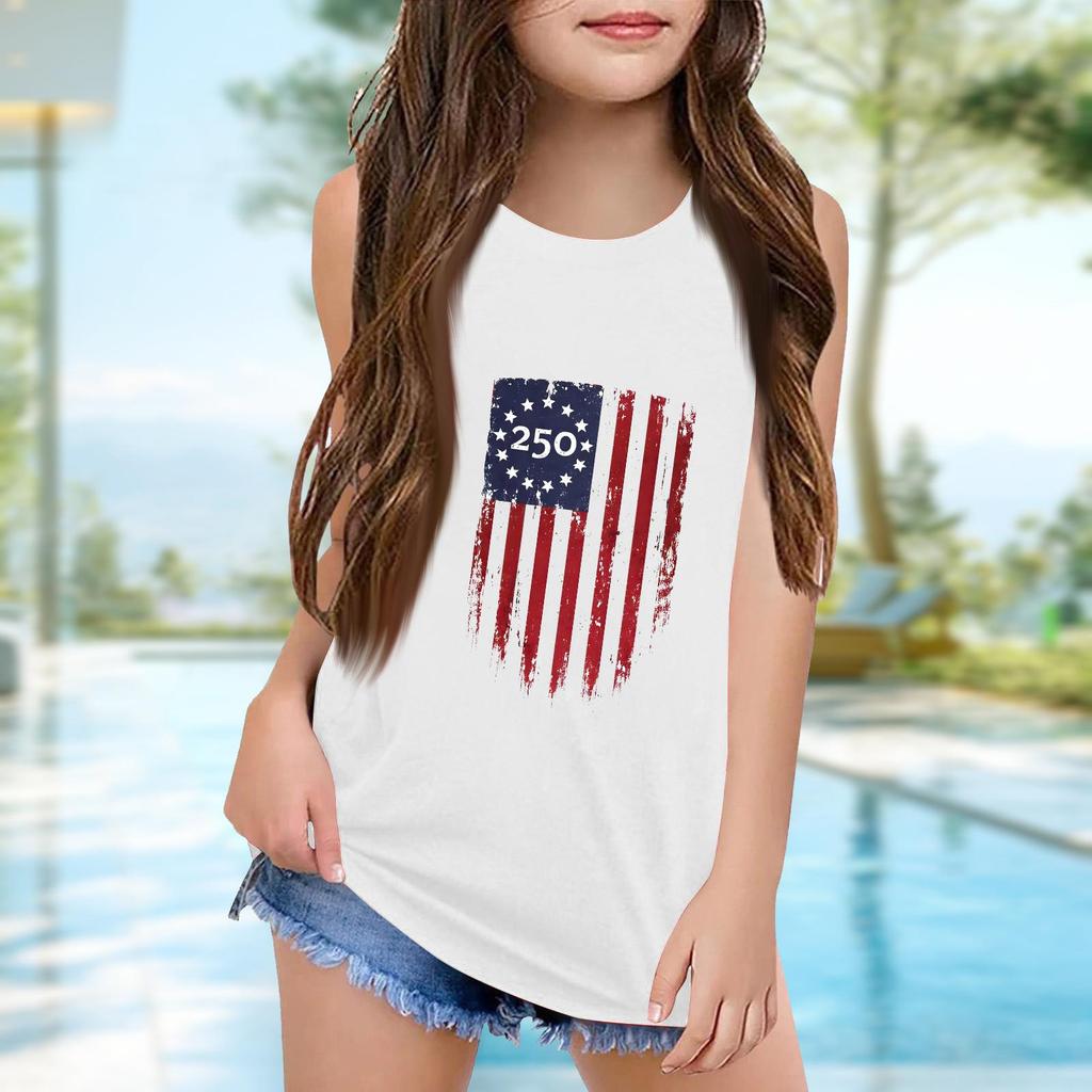 Girls  Kids Summer Crewneck Sleeveless Shirts Tank Tops Independence Day