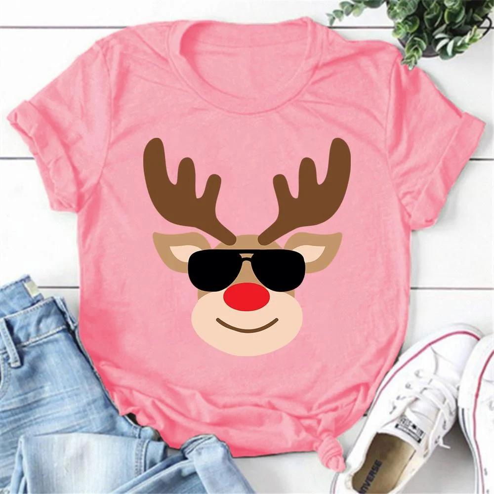 

Christmas Deer Print T-shrits For Women Summer Short Sleeve Round Neck Cute T-shirt Creative Personalized Tops 4XL