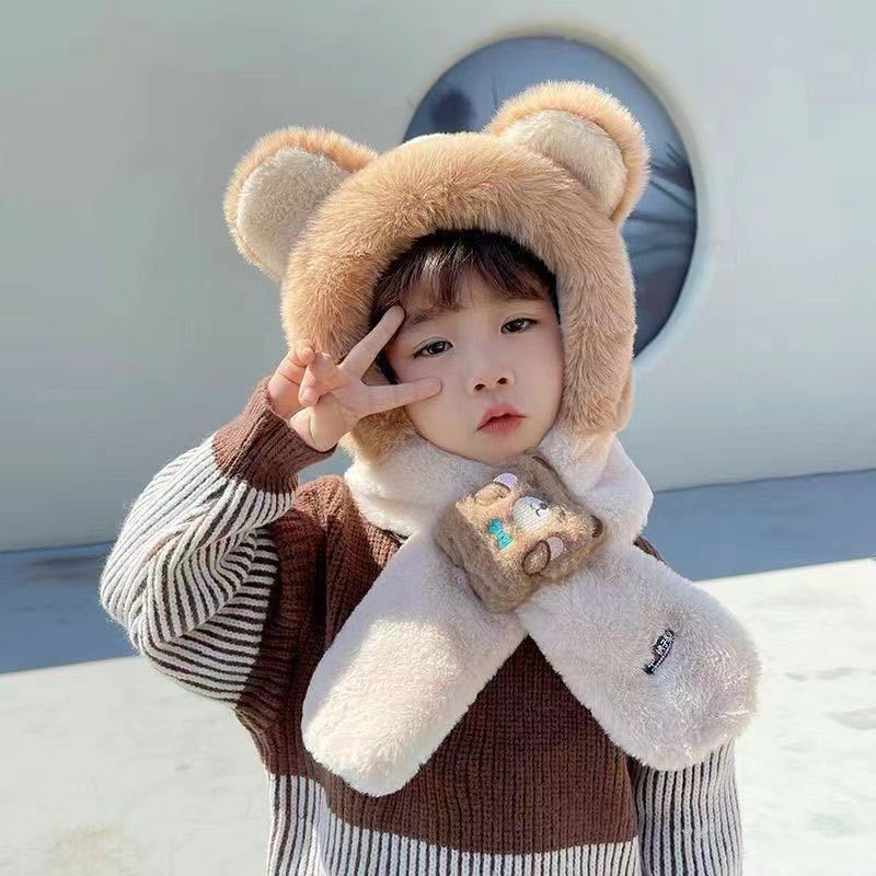 Riding a Battery Car, Piled and Thickened Bear Hat, Warm Scarf, Ear Protection, Two-in-one Two-piece Set, Cycling Cold-proof Plush Hat.