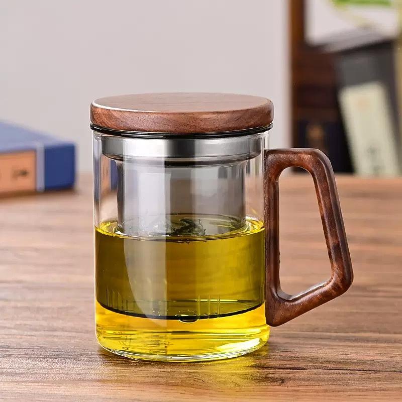 400ml Glass Tea Mug With Wood Handle Chinese Heat Resistant Filter Tea Cups High Quality And Convenient Kung Fu Tea Set