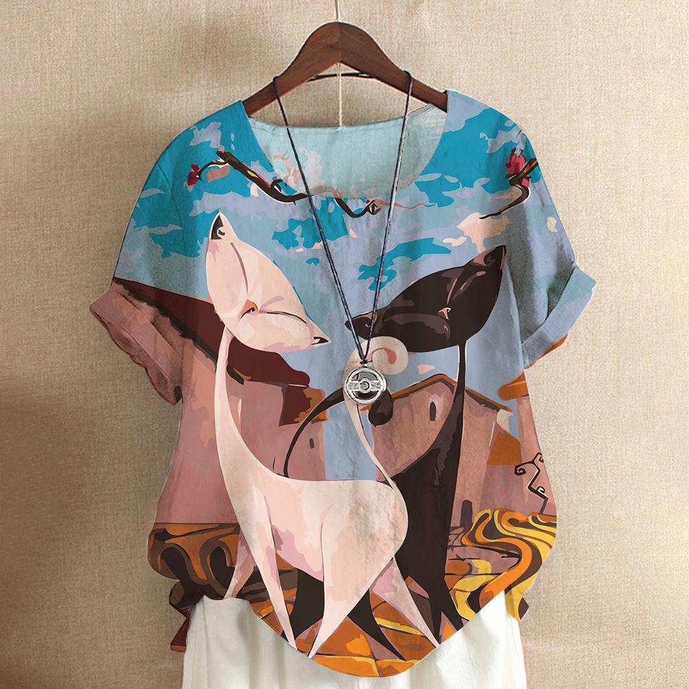 Maglietta da donna con gatto dei cartoni animati, camicetta Harajuku, scollo a V, manica corta, oversize, casual, pullover, estate, magliette carine, abbigliamento femminile