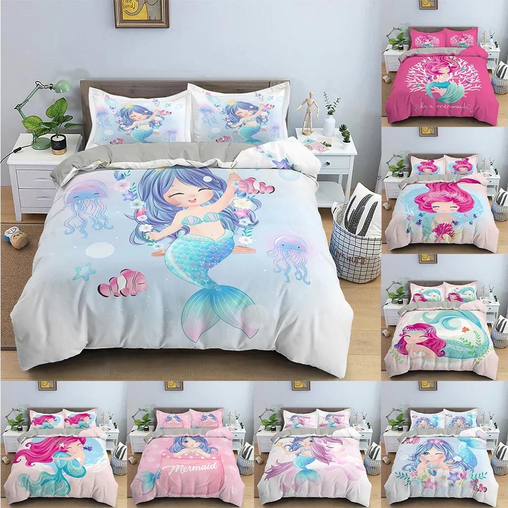 Mermaid Cute Cartoon Comfortable Duvet Quilt Cover Pillowcase Bedding Set Children Bedroom Decoration Home Textile