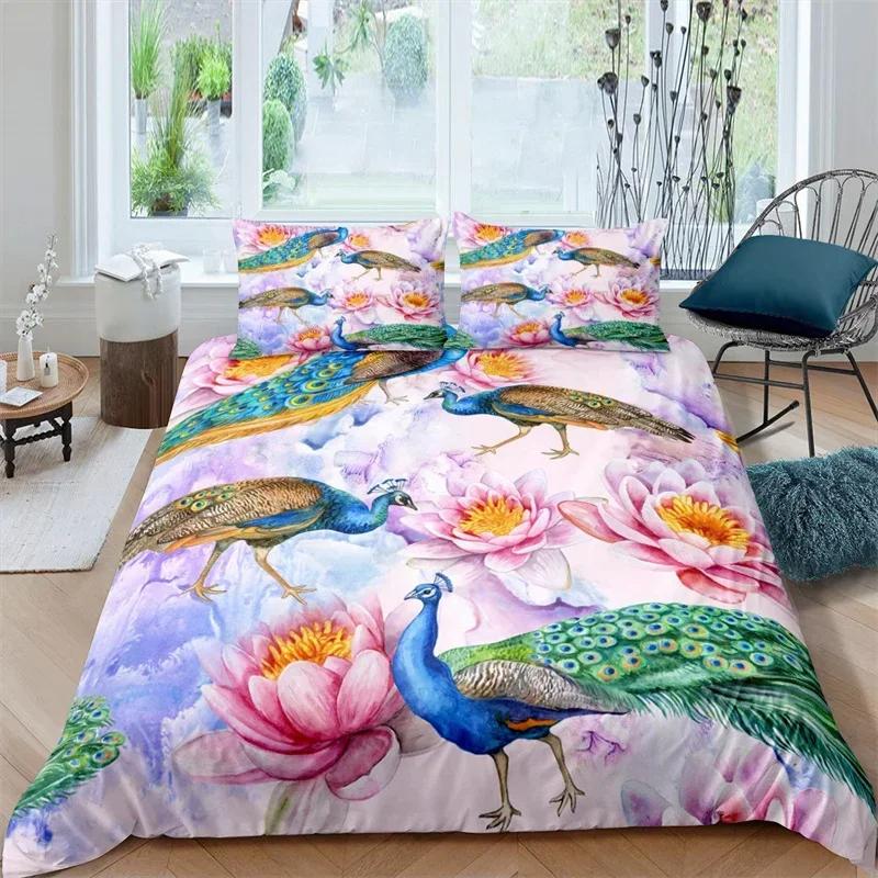 Kinder Pfau Bettbezug Set Einzel Queen Vögel Feder Muster Steppdeckenbezug Zweig Blumen Bettwäsche Set Mikrofaser Tagesdeckenbezug