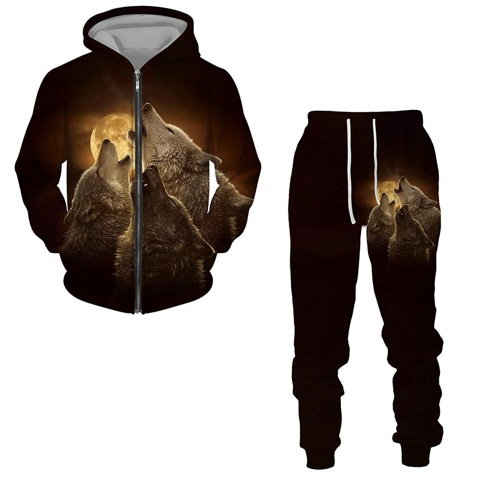 Dragkedja Luvtröja Träningsoverall Herr Kvinnor 3D-tryck Varg Lösa Par Luvtröjor +byxor Casual Hip Hop Streetwear Sweatshirts Kostymer
