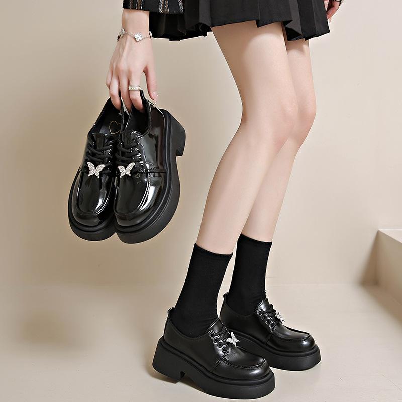 Black Small Leather Shoes Women's 2025 New Spring and Autumn Patent Leather Butterfly Diamond College Wind Lace-up Thick-soled Deep-mouth Single Shoe
