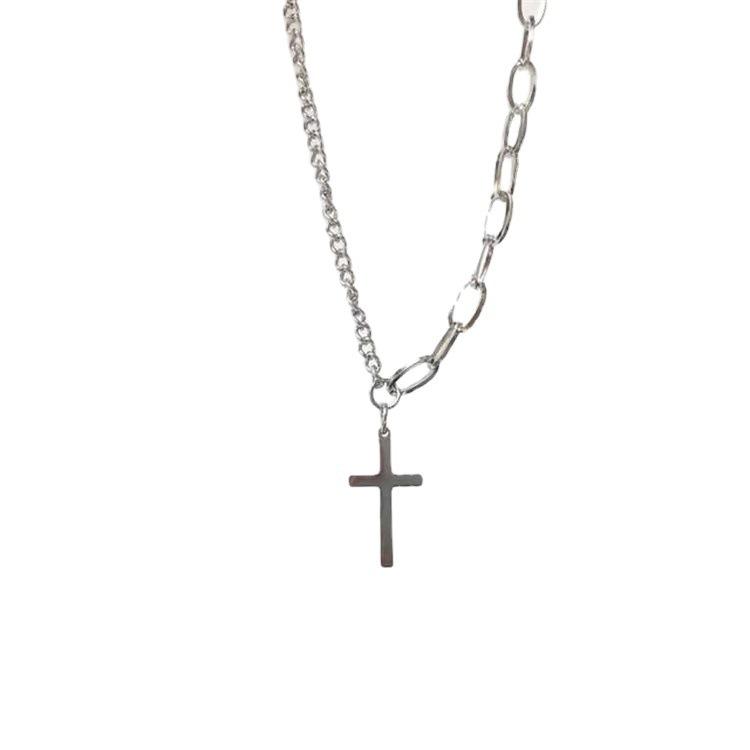 C205 Korean Version Asymmetric Cross Necklace Hip Hop Simple Pendant Collarbone Chain Versatile Neck Chain Trendy Unisex