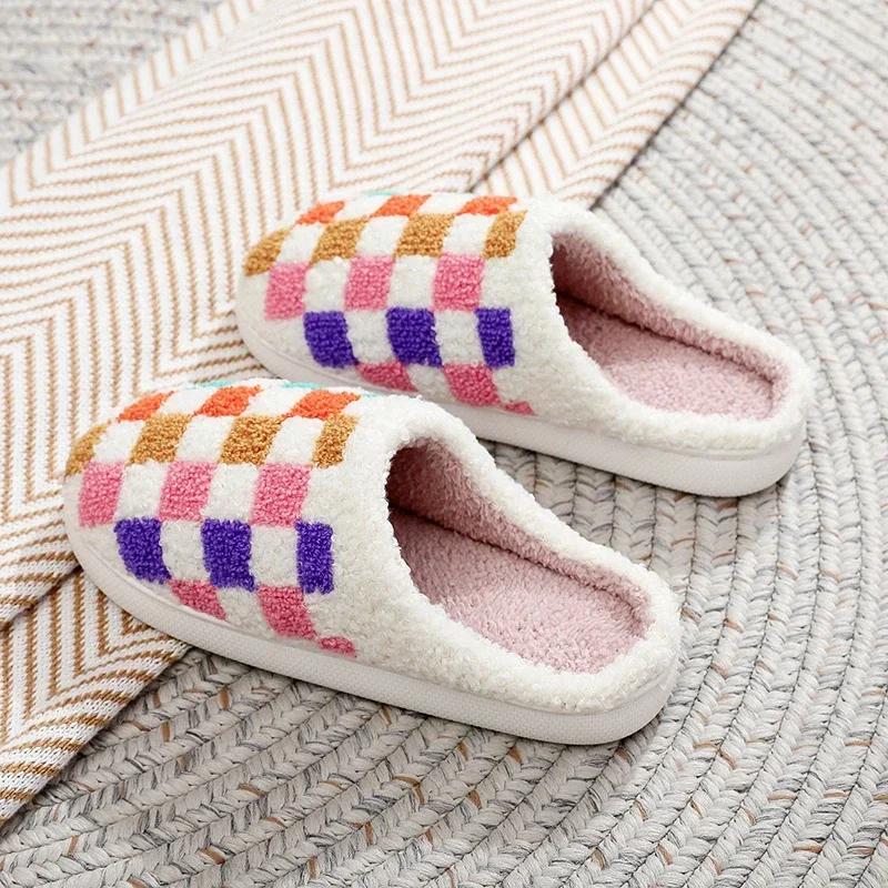 Fuzzy Slippers Fashion Checker Indoor Embroidery Houseshoes Cozy Woman Winter Fluffy House Retro Checkered Warm Cotton Shoes
