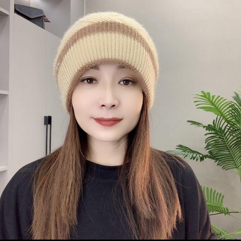 Women's Hat Winternew Arrivalknittingfashioneasiest for Matchcontrast Colorstripes Beilei Hat Double Layerthickened