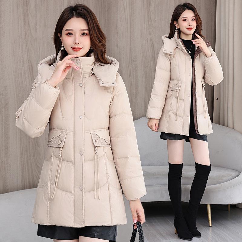 Women's Mid-Length Hooded Lace Pocket Down Jacket - 2025 Winter Slim Fit White Duck Down Coat