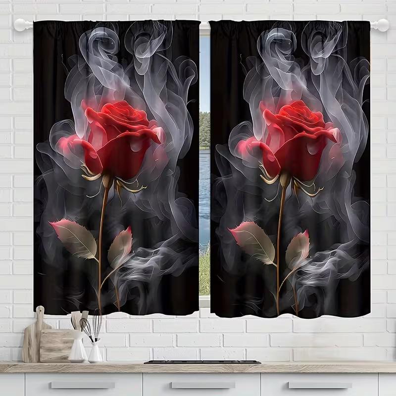 

2pc Crimson Rose Smoke Curtains, French Retro Style, Suitable for Bedrooms and Living Rooms, Rod Pocket Decorative Curtains 53x116CM-2PC
