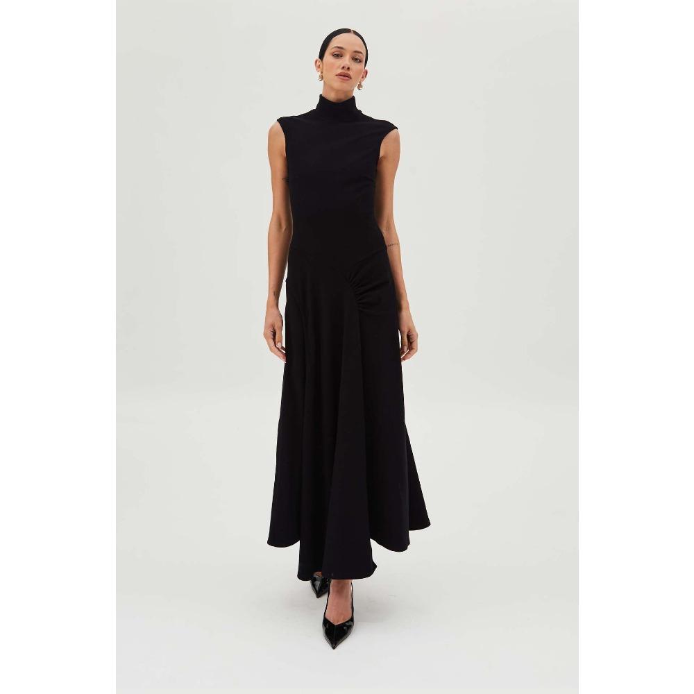 Women's Turtleneck Sleeveless Maxi Dress Slim Fit High Waist Solid Ruched Mermaid Casual Dress