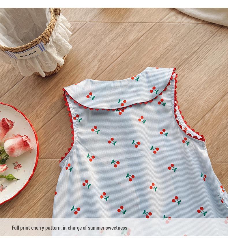 French Cherry Print Dolls Collar Lace Summer Pinafore Dress for Girls