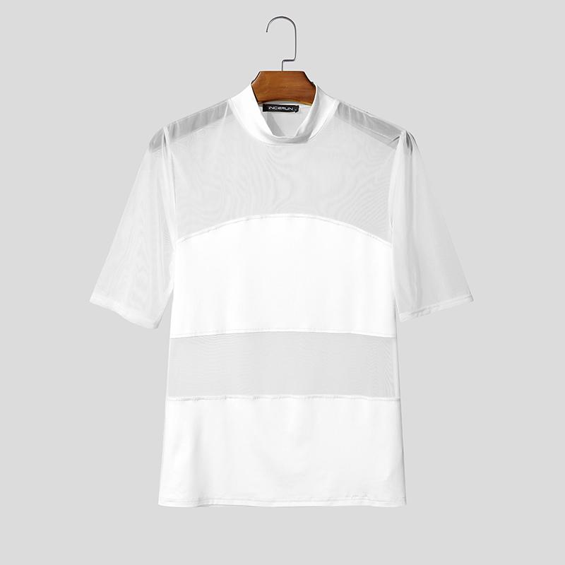 INCERUN Summer Men O Neck Short Sleeve Mesh See Through Patchwork T-shirts Tops