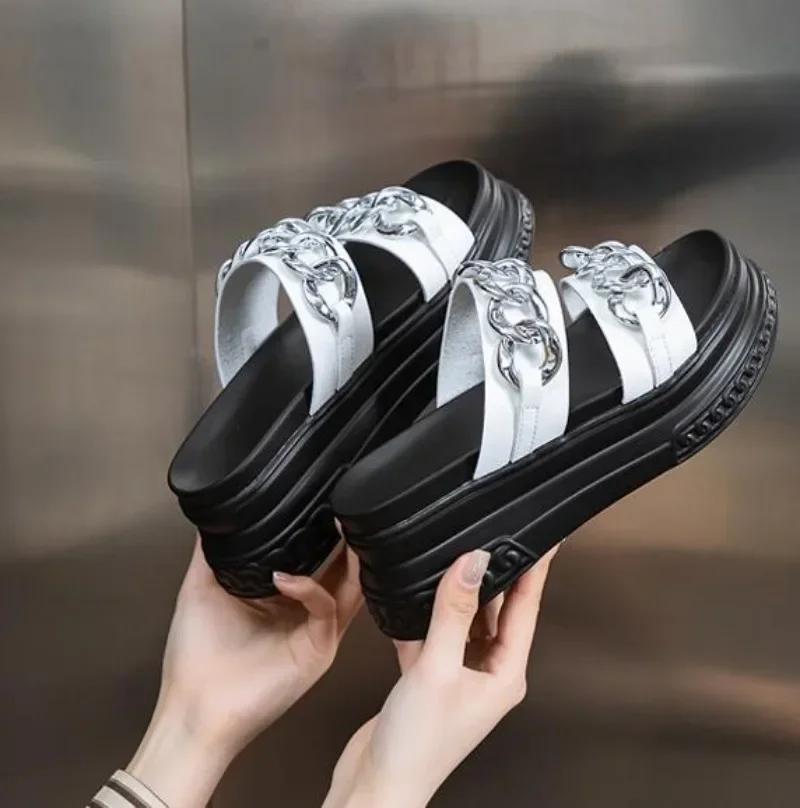 Fashion 7CM Cow Genuine Leather Peep Toe High Brand Sandal Shoes Platform Wedge Synthetic Slippers Women Ladies Summer Fashion