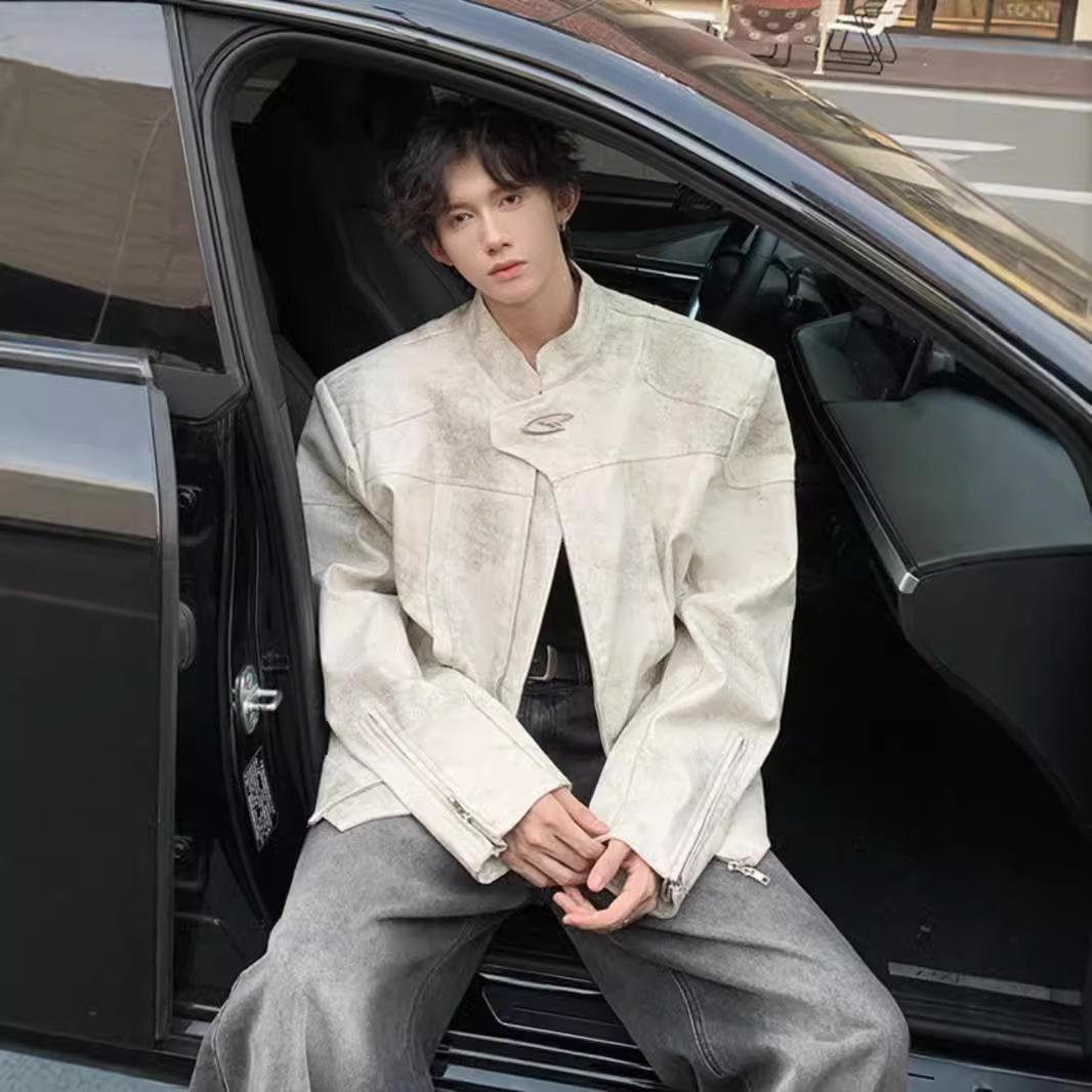 

Белая кожаная куртка с коротким воротником-стойкой, мужская куртка для мотоциклистов, дизайн верха XXXL белый