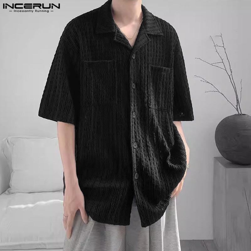 INCERUN Plus Size Men Lapel Neck Short Sleeve Texture Casual Shirts Tops
