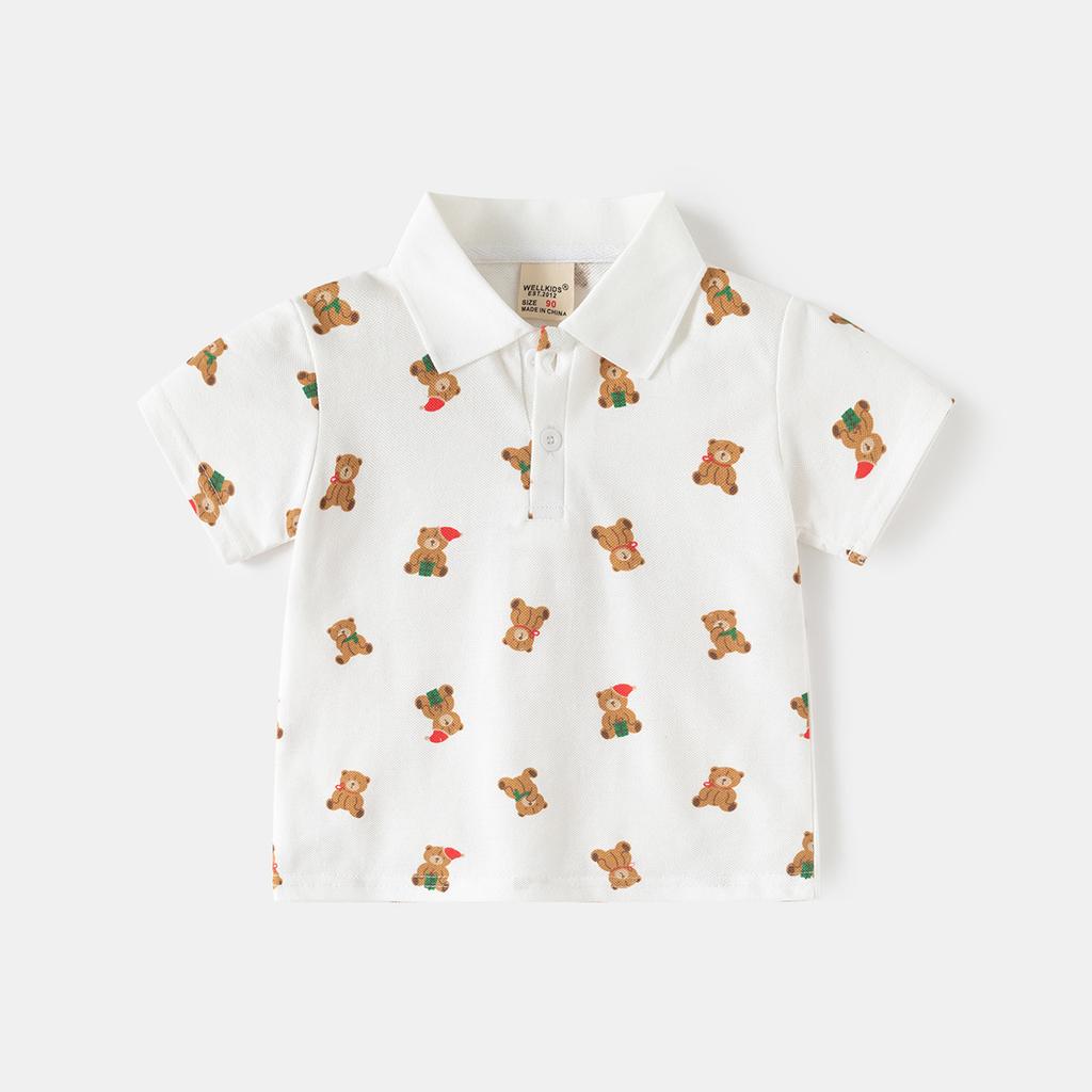 Boys Short Sleeve Polo Shirt with Bear Print Summer New 2026 Toddler Kids Casual Tops Button Down Collar