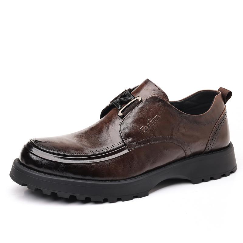 Layer Cowhide New Men's Business Casual Leather Shoes Lightweight Thick Soled Height Increasing Men's Shoes Fashionable Leather Single Shoes for Men