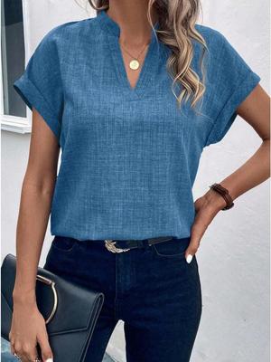 Women's Solid Color V-neck Batwing Sleeve Summer Top - Fashionable Short-sleeved Shirt
