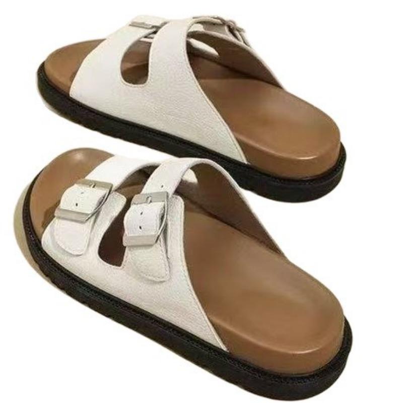 Summer new flat bottom one word with square buckle thick bottom beach wear cool slippers women