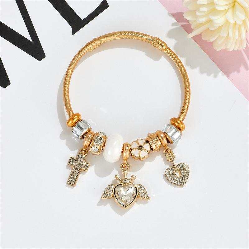Minimalist Diamond Angel Wing Bracelet Stainless Steel Bangle With Heart Cross Pendant Luxury Jewelry Gift