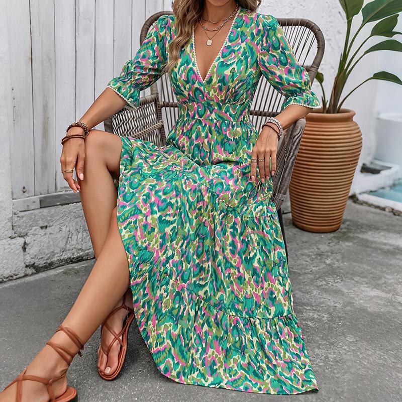 Women's Green Pink Abstract Print Tiered Maxi Dress, V Neck Half Puff Sleeve Smocked Waist Summer Casual Long Dress