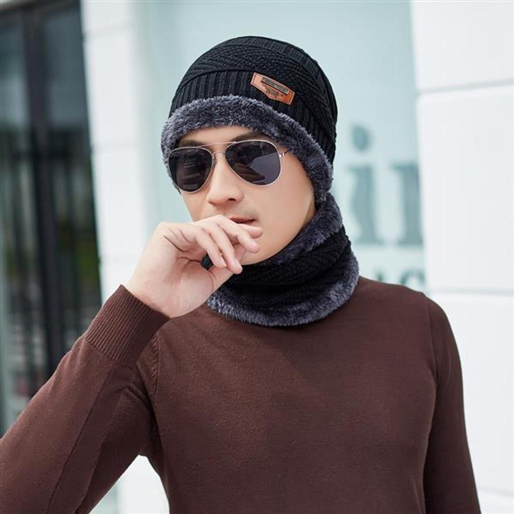 Neckwarmer Beanie Set (Black)/Fur Hat Beanie Winter Hat
