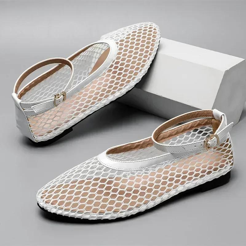 Fashion Comfortable Hollow Mesh Flat Sandals Women Sexy T Strap Belt Buckle Design Brand Ballet Shoes Non-slip Soft Sole Women's Shoes