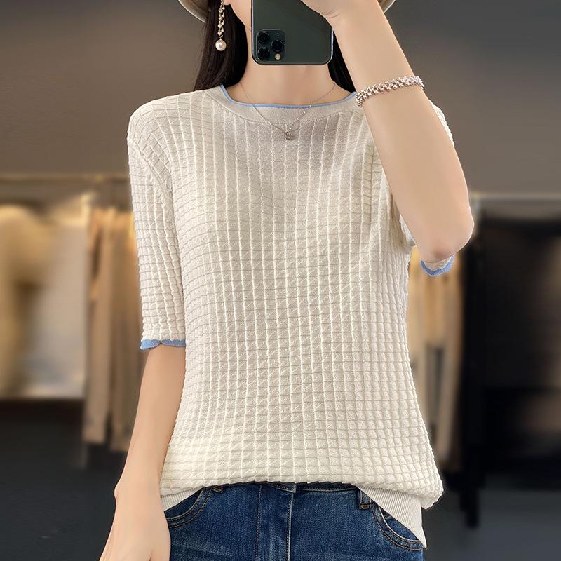 

Crew Neck Contrasting Color Short Sleeves Women s Summer Thin Loose Foreign Style Versatile Short Sleeves S