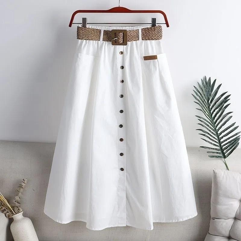 2025 Spring Summer Women Washed Cotton Elastic High-waist Skirt Pocket Belt Solid Long A-line Skirts Split Hem All-match Skirts