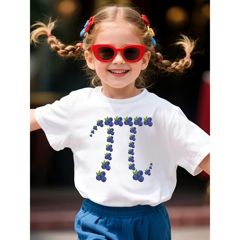European Size Girls Round-neck Short-sleeved T-shirt with Cartoon Blueberry  Print 98cm белый
