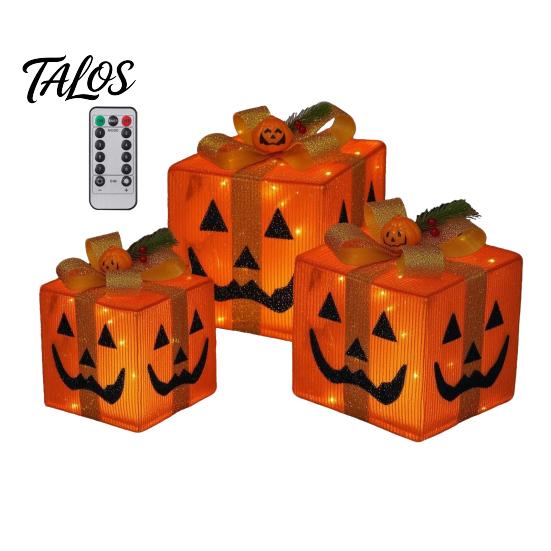 Glowing Night Light Ornaments 3Pcs Lighted Halloween Pumpkin Gift Boxes, Spooky Face Tiered Scene Layouts Presents Box, Warm Holiday Ornament