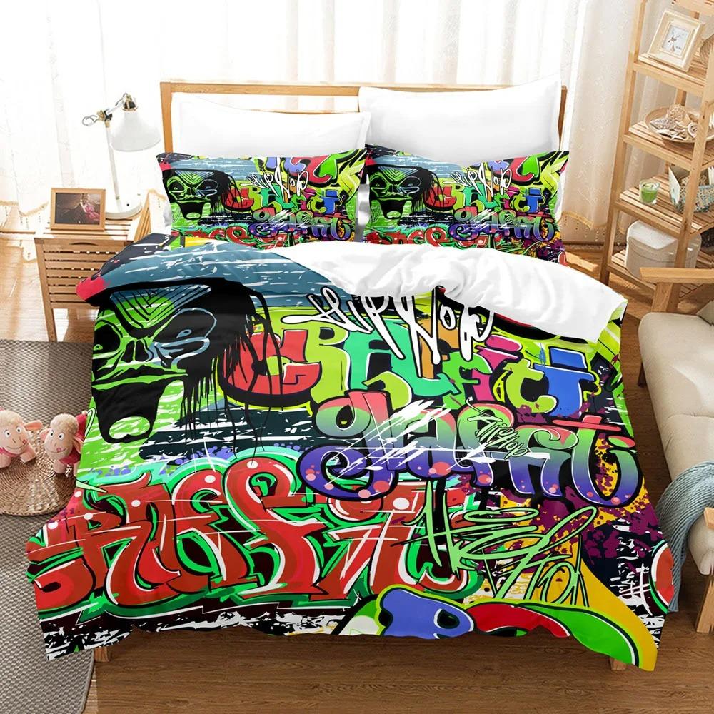 Hippie Graffiti Ložní souprava Hip Hop Sada povlaku na přikrývku King Queen Size pro děti Chlapce Mládež Povlak na přikrývku Moderní Street Art Povlak