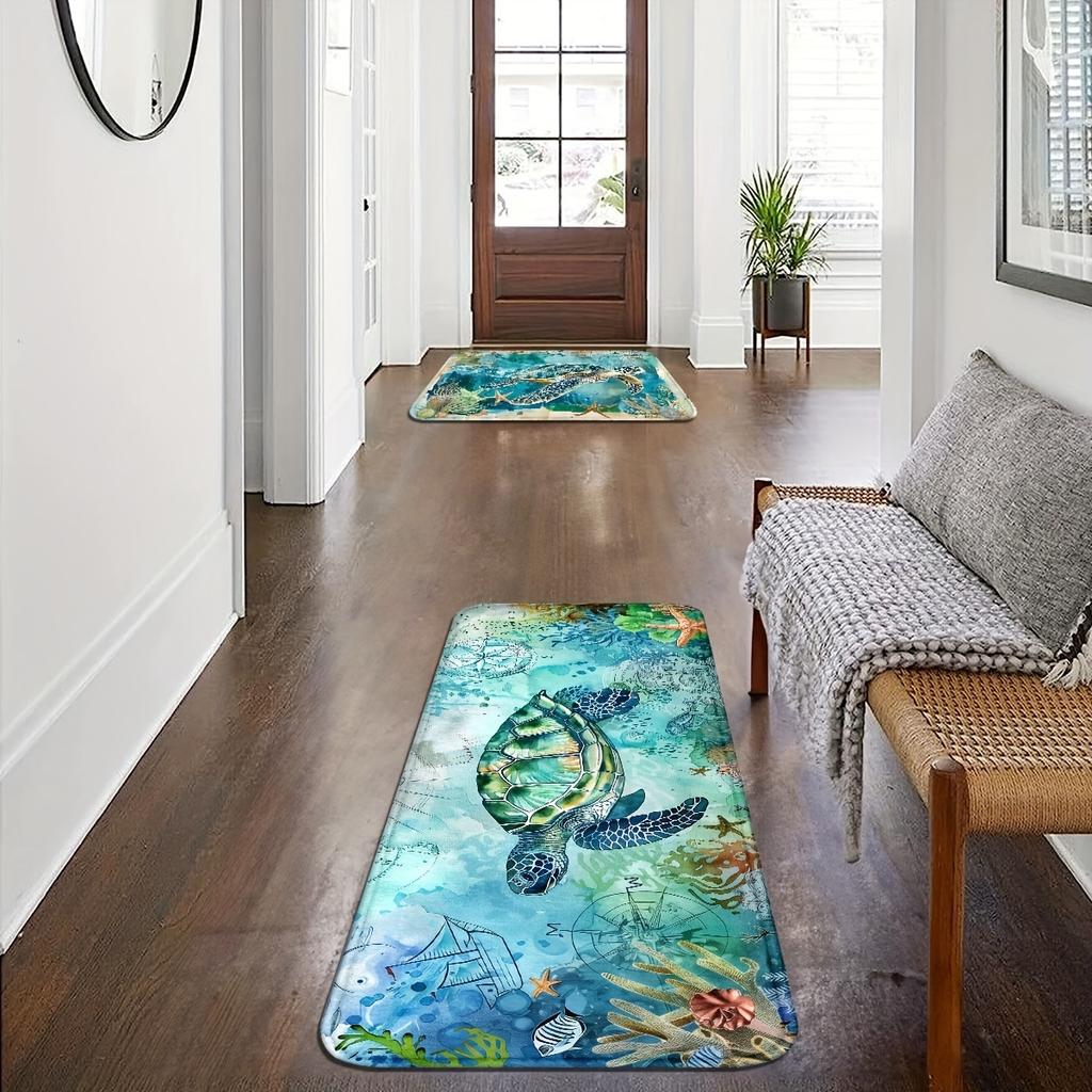 2Pcs Anti Fatigue Kitchen Rugs, OneHouse Sea Turtle Print Waterproof Non-Slip Thick Cushioned Kitchen Mat Heavy Duty Comfort Standing Mat for Kitchen
