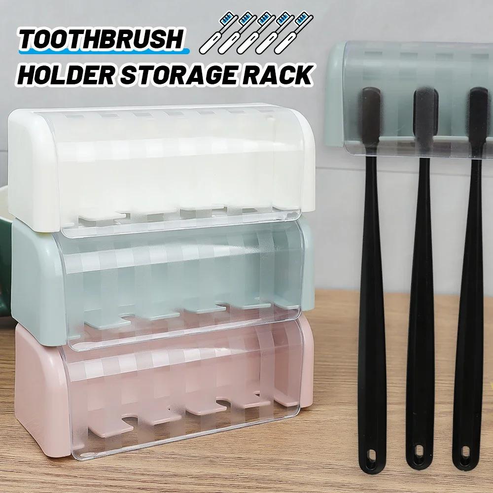 Porte-brosse à dents mural pour salle de bain avec couvercle 5 emplacements sans perçage Supports de rangement auto-adhésifs pour brosses à dents pour salle de bain à domicile