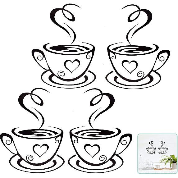 2 PCS Coffee Bar Wall Decor - Wall Sticker with Two Coffee Cup Art - Removable Signs for Kitchen, Office, Home, Shop, Cafe, Pub, Restaurant - 12.2 x
