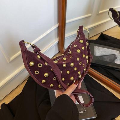Vintage-Inspirierte Goldene Ösen Damen Schultertasche Tragbare Einfarbige Wildleder Umhängetasche für Lässige & Stilvolle Outfits