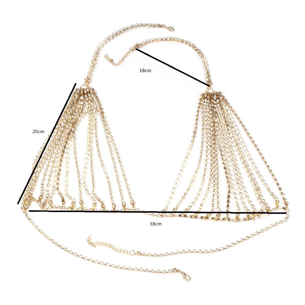 Moda Feminina Retro Sexy Dourado Cristal Liga Bikini Sutiã Correntes Joias Corpo Colar