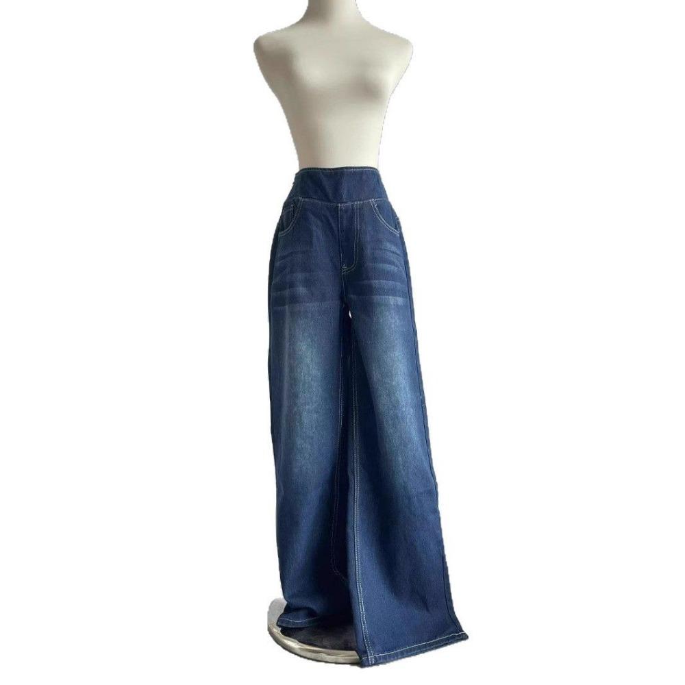 New Large Size Denim Wide-leg Pants for Women with High Waist Pocket Straight Loose Casual Pants