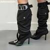 Fashion Belt Buckles Pleated Knee-High Boots 2025 Winter New Fashion Thin Heel Pointed Boots Black/beige Side Pocket Zip Splicing Boots