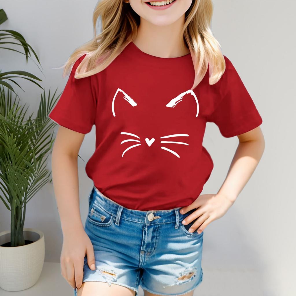 New Cat Face Print Children T-Shirt Short Sleeve Round Neck Loose Kids T-Shirt Ladies T-Shirts Children Casual T-Shirt Clothing