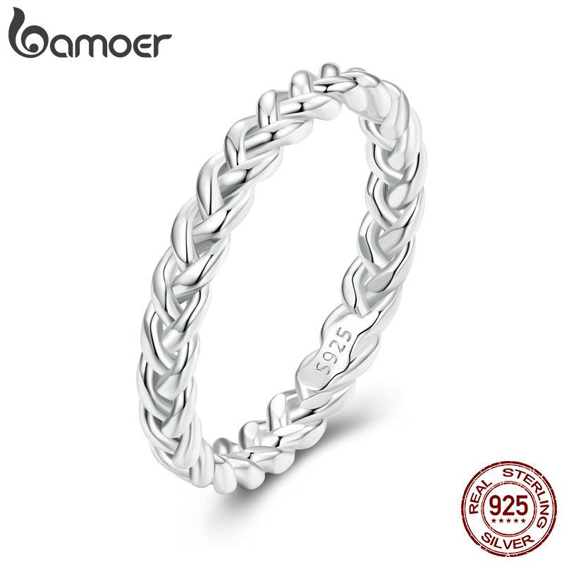 Bamoer 925 Sterling Silver Braided Texture Twisted Eternity Band Plait Finger Rings Fine Jewelry Gift for Women BSR311