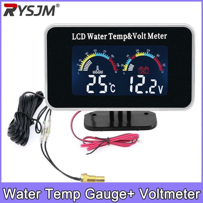 Car Truck Voltmeter Waterproof LCD Digital Water Temp Gauge Temperature Sensor 10mm Temperature volt meter 12v Voltage 2 in 1