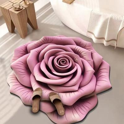 3D Rose Floor Mat Absorbent Floral Bathroom Rug with Non-Slip Backing Realistic Flower Decorative Carpet for Bedroom Living Room Entrance