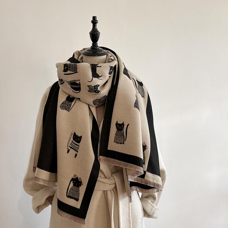 Luxury Women Cashmere Cat Pattern Thick Winter Warm Scarf Big Shawl Cloak Fashion Pashmina Blanket Bandana Lady Long Scarves