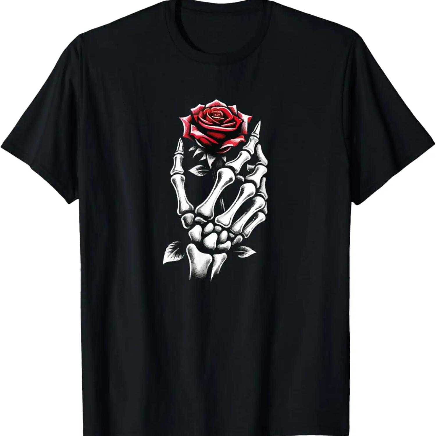Skeleton Hand Holding Red Crimson Rose Flower Gothic Flora- T-Shirt S чёрный