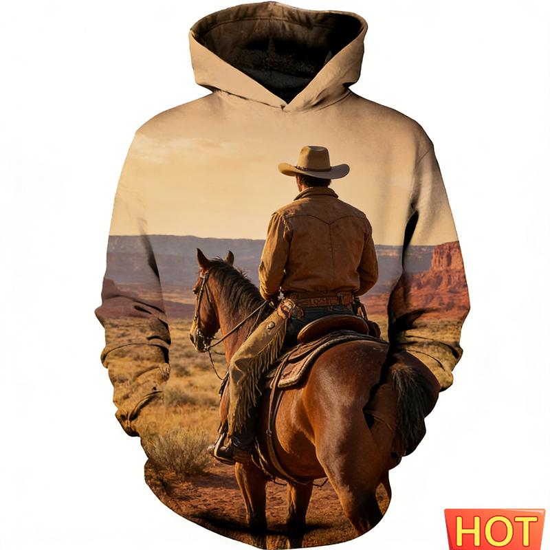 Retro Cowboy Pferd Grafik 3D Druck Hoodies Für Männer Interessantes Tier Design Herren Damen Streetwear Pullover Lässiges Sweatshirt