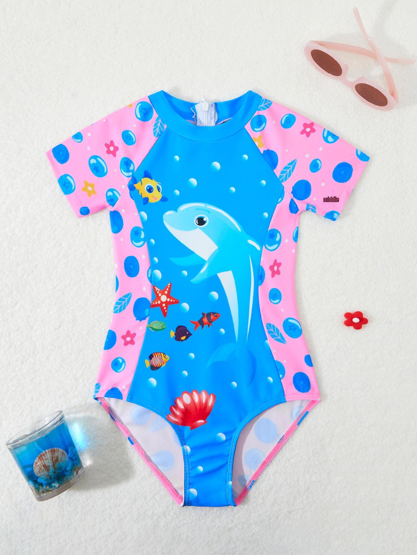 

2025 Купальник с дельфином в океанском стиле для малышей: Милый комбинезон на молнии с колор-блок дизайном 4 Years синий