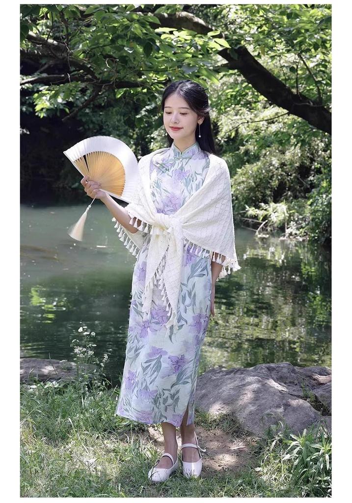 2026 Women's Off-White Knit Qipao Shawl with Tassels - Versatile Summer Cape for Skirts