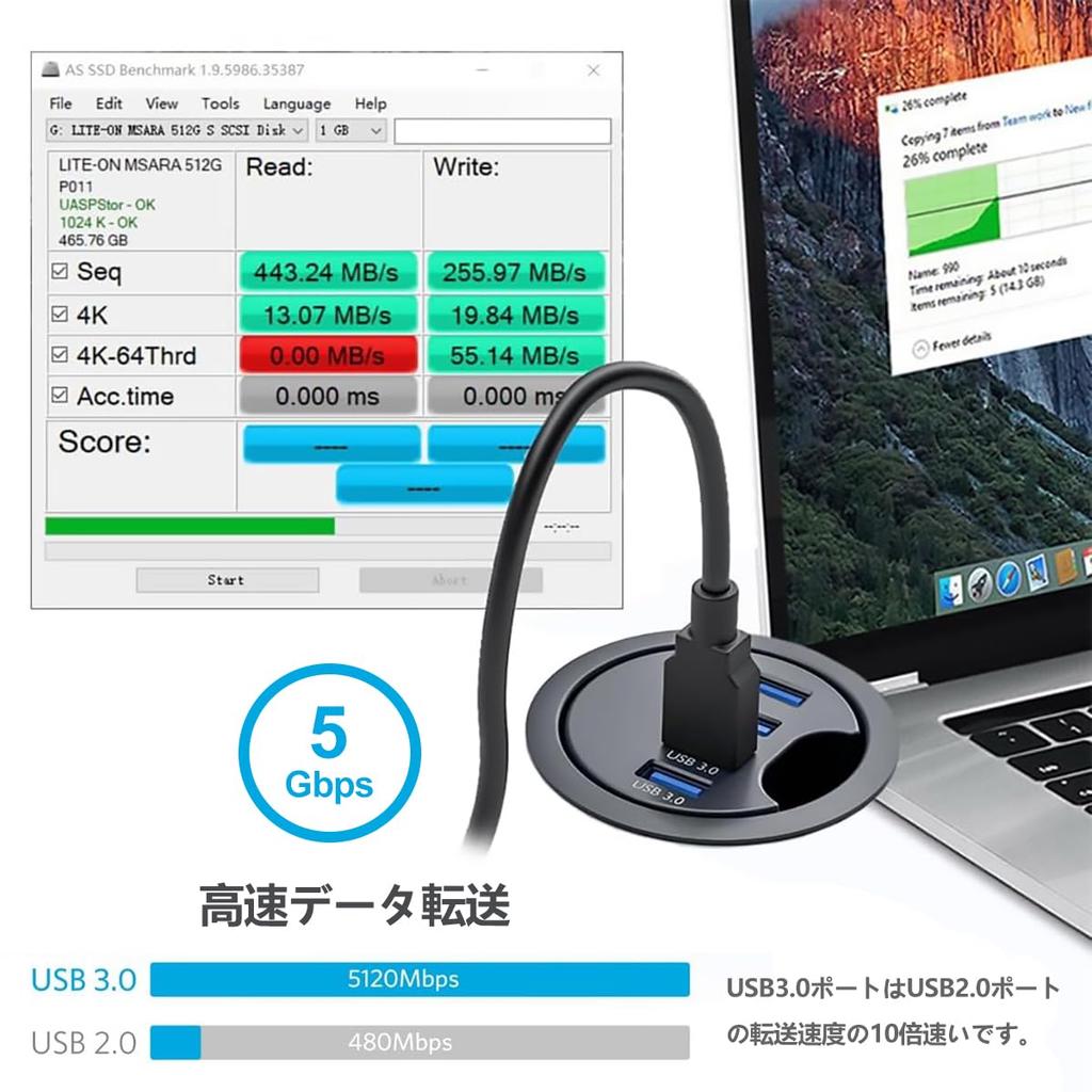 USB 5Gbps Includes USB Extension Fits 60mm Desk Compatible with Surface and Other Ideal for Remote and Working from Home 3.0 4-Port Hub, High-Speed
